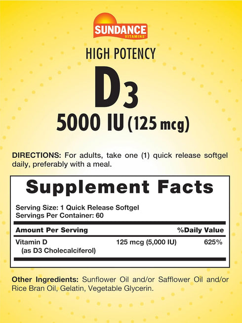 Sundance D3 5,000 IU (125 mcg) | 60 Quick Release Softgels | High Potency Essential Vitamin Supplement | Non-GMO and Gluten Free...