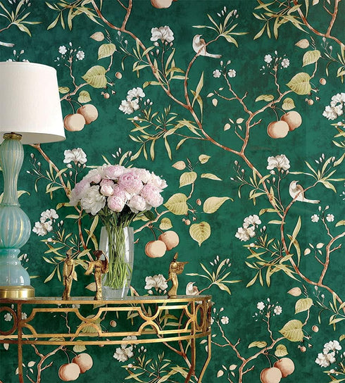9452 Green Floral Peel and Stick Wallpaper Flower and Bird Removable Self Adhesive Contact Paper Vinyl Film Home Decoration and Furniture Renovati...