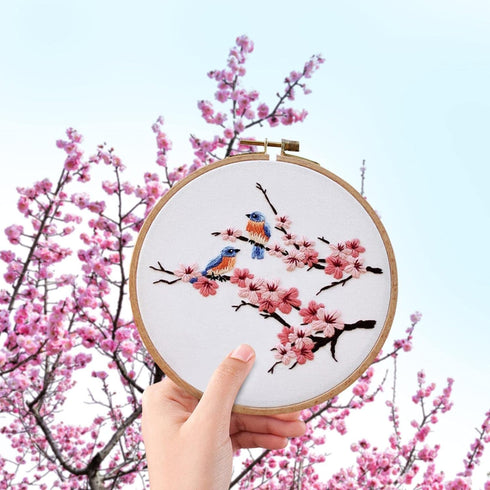 Unionm Embroidery Kit Cherry Blossom Birds Cross Stitch Kit for Adults Beginners with Pattern and Instructions Plants Flowers Floral Pink Sakura E...
