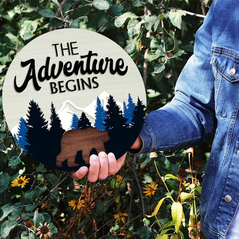 LHIUEM The Adventure Begins Wooden Hanging Sign,Woodland Wall Decor,Bear Mountain Inspirational Quotes Wooden Sign For Home Cabin Decor,Forest Cam...