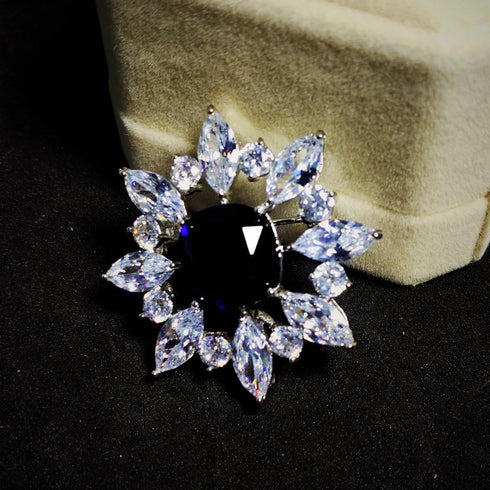 Victorian Vintage Opens Royal Blue Square Stone Domed Burst Flower Brooch Pin Elegant Jewelry...