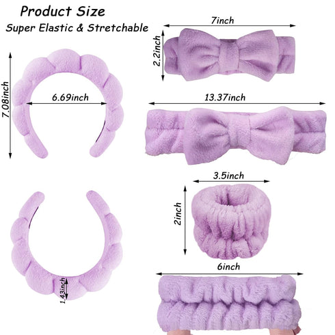 Headband for Washing Face or Facial - 6 Pack Spa Headbands and Wristbands Set, Skincare Headbands Purple Makeup Head Band Face Wash Headband Bow T...