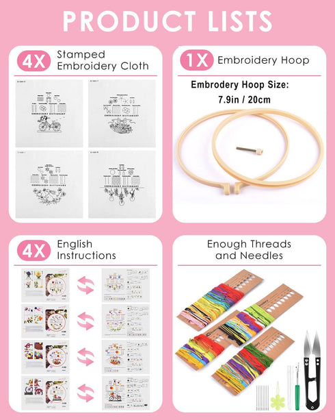 TINDTOP Embroidery Kit for Beginners, 4 Pack Cross Stitch Practice Kits for Beginners Include Embroidery Cloth Hoops Threads for Craft Lover Hand ...