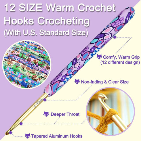 Coopay Warm Crochet Hooks Crocheting, Extra Long Crochet Hook Set for Arthritic Hands, 2.25mm to 8.0mm, 12 pcs Crochet Kit Ergonomic Grips for DIY...