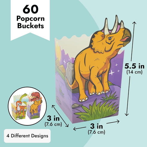 BLUE PANDA Bulk Dinosaur Popcorn Boxes & Bags for Candy, Snacks, and Kid's Birthday Party Supplies - 60-Pack Dino-Themed Popcorn Bags (4 Designs)...