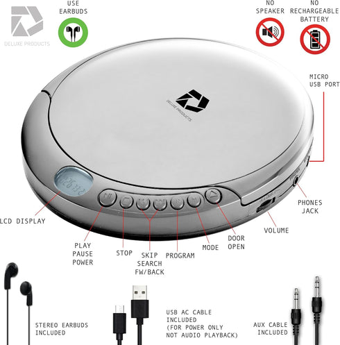 CD Player Portable with 60 Second Anti Skip, Stereo Earbuds, Includes Aux in Cable and AC USB Power Cable for use at Home or in Car. Silver...