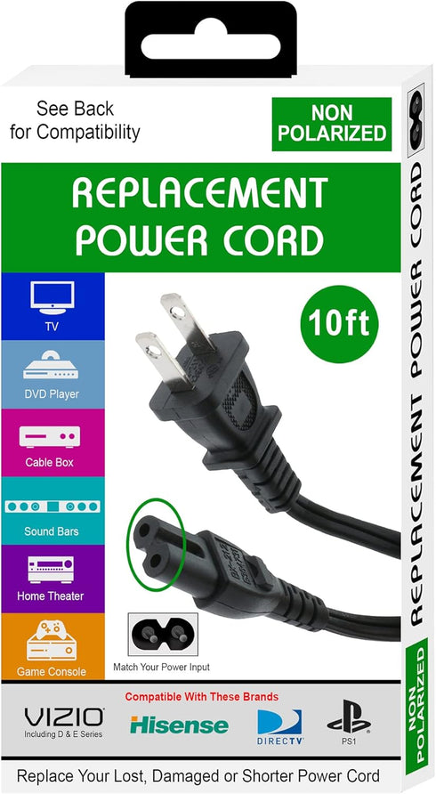 Xtreme 10 Foot Non-Polarized Replacement Power Cord for TVs, Game Consoles, Cable/Satellite Boxes, Printers, Soundbars, Home Theaters, Speakers & ...