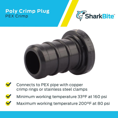 SharkBite 1/2 Inch Poly Crimp Plug, Pack of 25, PEX Pipe, PE-RT, UP514...