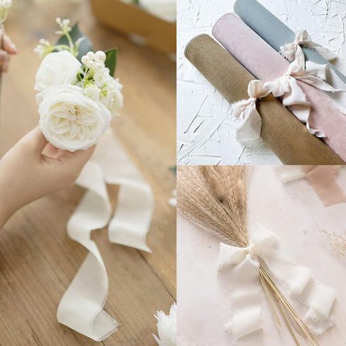 Anwyll White Handmade Silk Ribbon,Handmade Fringe Chiffon Ribbon,1-1/2 Inchx21 Yd Chiffon Silk Ribbon,Frayed Edge Fabric Ribbons (3 Roll x 7Yd) fo...