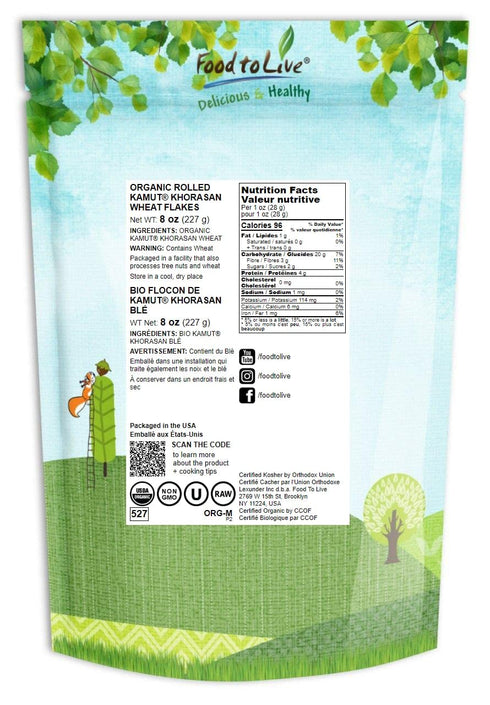 Food to Live Organic Rolled KAMUT Khorasan Wheat Flakes, 8 Ounces - Non-GMO, Whole Wheat Berries, Kosher, Bulk, Great for Cereal, Granola, Muffins...