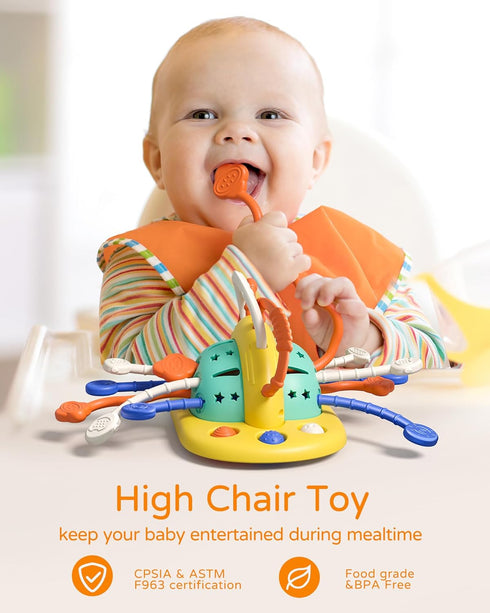High Chair Toys with Suction Cup, Montessori Toys for 1 Year Old,Sensory Toys for Fine Motor Skills,Food Grade Silicone Pull String Activity Toy G...