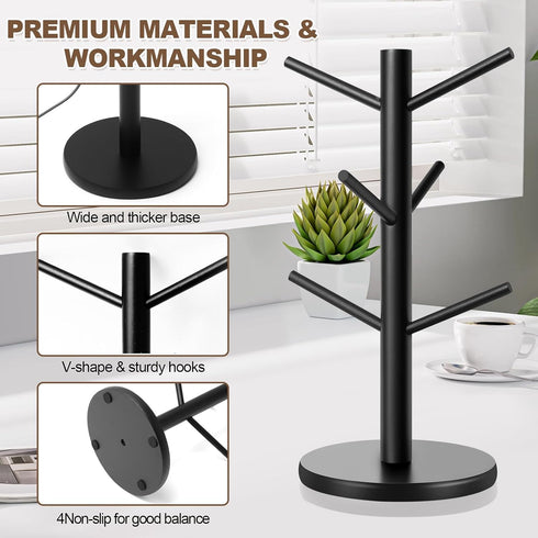 Mug Tree, Thicker Base Coffee Cup Holder for Countertop, Sturdy Wood Coffee Tree Mug Holder Stand with 6 Hooks, Non-Slip Mug Rack for Home Storage...