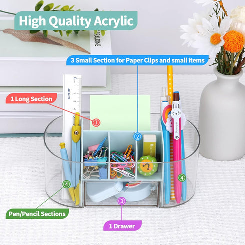 LETURE Clear Desk Organizer with drawer, Acrylic Pen Pencil Markers Holder, Clear Office Supplies and Accessories,Desktop Organizer for Room Colle...