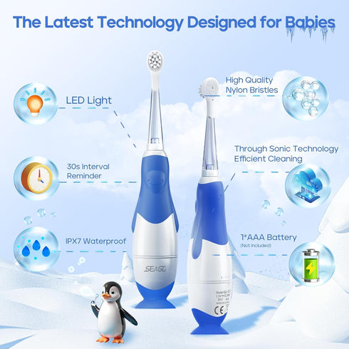SEAGO Toddler Electric Toothbrushes for Baby Ages 0-3 Years, Baby Toothbrush with Smart Timer and Suction Base, 4 Replacement Brushheads (Navy-C)...