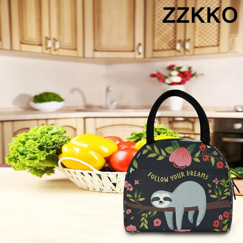 ZZKKO Animal Sloth Follow Your Dream Lunch Bag Box Organizer Lunch Container Insulated Zipper Meal Prep Cooler Handbag For Women Men Home School O...
