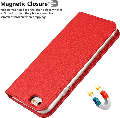 iCoverCase Genuine Leather Wallet Case Compatible with iPhone 6s Plus/6 Plus - Wrist Strap, Card Holder, Magnetic Closure, Kickstand Flip Cover (R...