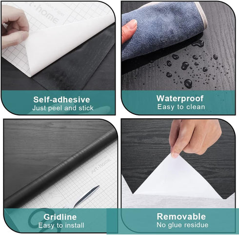 Arthome Black Wood Contact Paper Peel and Stick Self-Adhesive Wallpaper,Decorative Vinyl Film for Countertop Cabinets Furniture Surface and Wall C...