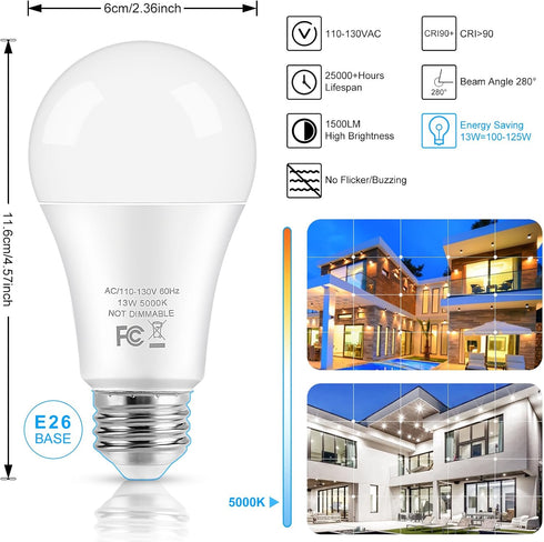LED Light Bulbs, 100 Watt Equivalent A19, 13W 5000K Daylight White 1500 Lumens Non-Dimmable Bright E26 Edison Medium Screw Bulbs for Home Bedroom ...