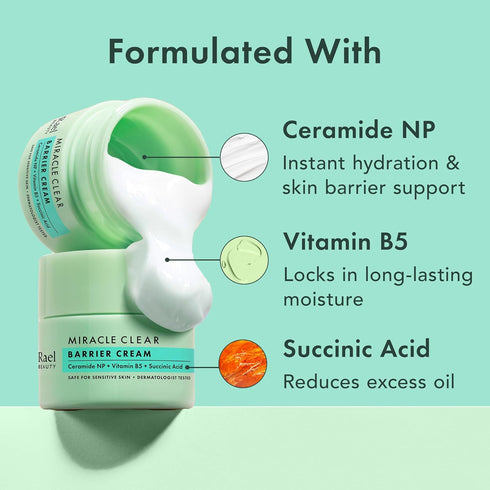 Rael Face Moisturizer, Miracle Clear Barrier Cream - Moisturizer Face Cream for Oily & Acne Prone Skin, Korean Skincare, Lightweight, Succinic Aci...
