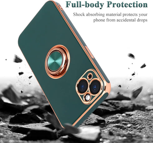 Design for iPhone 13 Case, Built-in 360° Rotatable Ring Holder Magnetic Kickstand Soft Silicone Ultra Slim Edge Plating Protective Cover 2021 6.1 ...