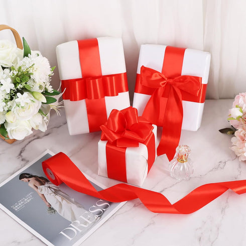 TONIFUL 2 Inch x 25 Yards Wide Red Satin Ribbon Solid Fabric Ribbons Roll for Valentine's Day Crafts Chair Sash Gift Wrapping Invitation Cards Flo...