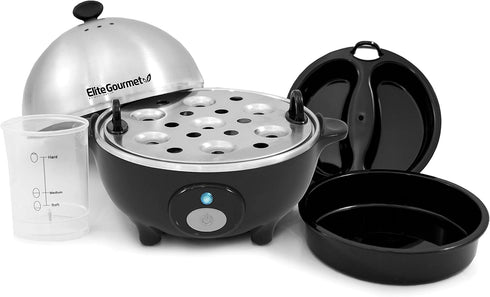 Elite Gourmet EGC-508 Rapid Egg Cooker, 7 Easy-To-Peel, Hard, Medium, Soft Boiled Eggs, Poacher, Omelet Maker, Auto Shut-Off, Alarm, 16-Recipe Boo...
