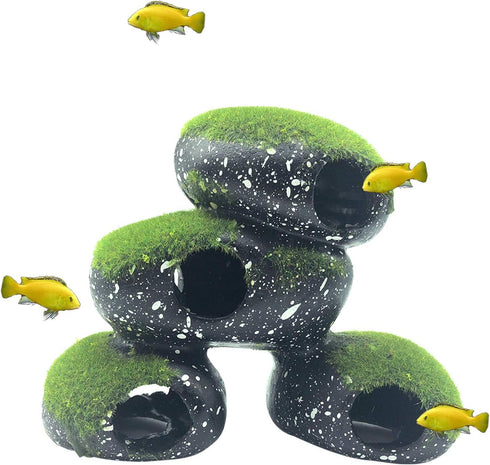 PINVNBY Stone Aquarium Hideaway Decoration Resin Cichlids Rock Decor with Artificial Moss Betta Cave Hideout Shelter Tunnel Fish Tank Ornament for...