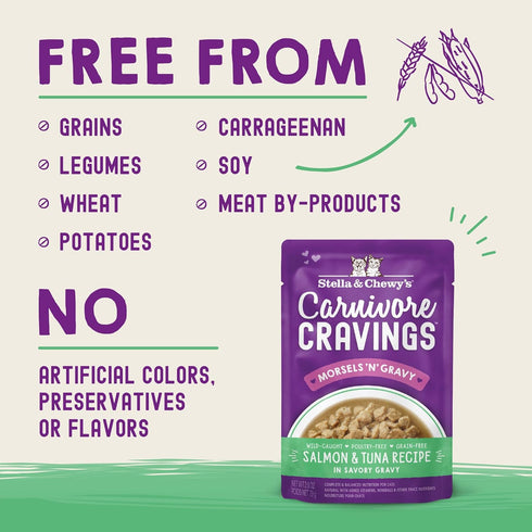 Stella & Chewy’s Carnivore Cravings Morsels & Gravy Salmon & Tuna Recipe Wet Cat Food Pouches – (2.8 Ounce Pouch, Case of 12)...