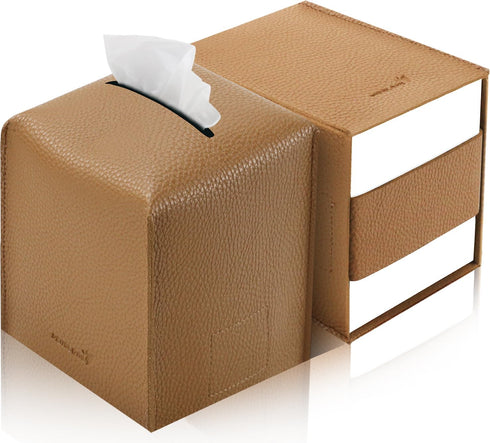 Tissue Box Cover 5X5X5'' PU Leather Tissue Holder Square Tissue Cube Box Organizer for Bathroom Vanity Countertop, Car, Night Stands, Office, Home...