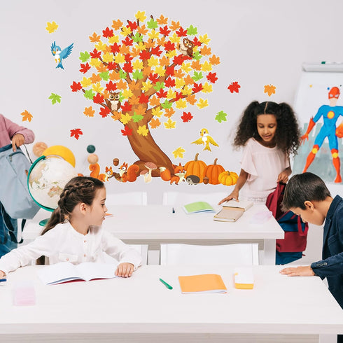 155 Pieces Classroom Tree Bulletin Board Set Spring Fall Summer Tree Bulletin Board Decoration Bulletin Board Tree Cutout Maple Leaves Cutouts for...