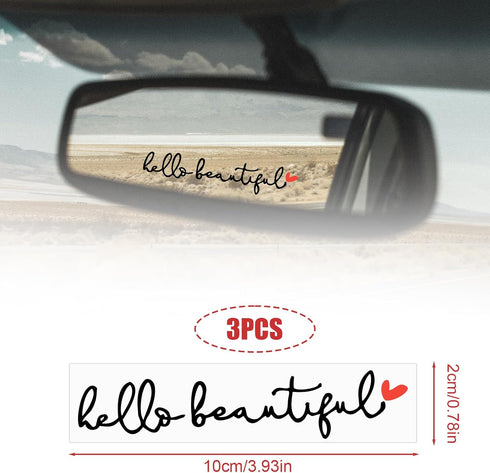 3pcs Hello Beautiful Rear View Mirror Decals, Rearview Mirror Stickers with Heart Positive Affirmation Car Mirror Stickers for Vanity Water Bottle...