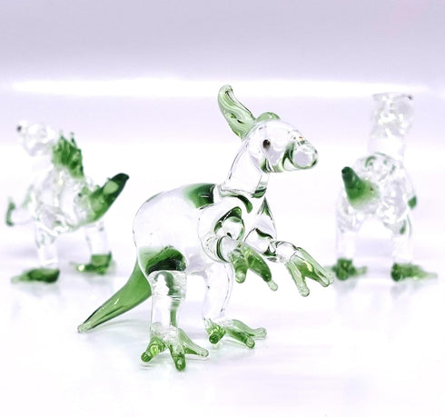 Set 3 Dinosaurs Miniature Figurines Hand Blown Color Glass Art Animals Collectible Gift Home Decor, Clear Green...