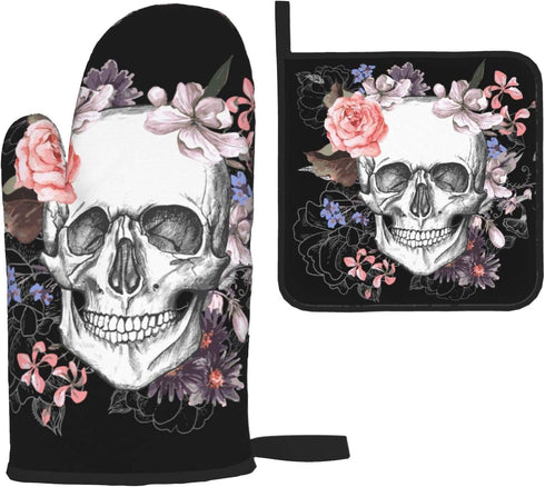 Halloween Skull and Flowers Day of The Dead Oven Mitts and Pot Holders Sets,Heat Resistant Non-Slip Cooking Gloves with Cotton Lining for Kitchen ...
