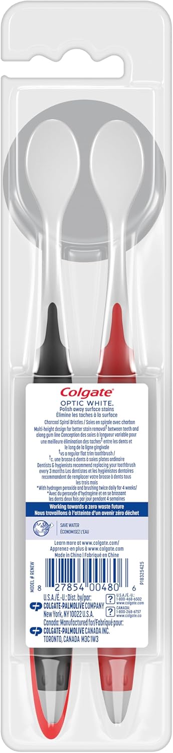 Colgate Optic White Pro Series Whitening Charcoal Toothbrush for Stain Removal, Soft Bristles, 2 Pack...