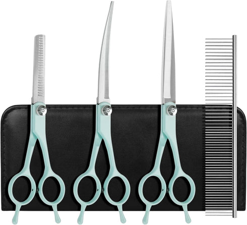 Professional Dog Grooming Scissors Set, 5 in 1 Dog Grooming Scissors Kit, Curved Dog Scissors Pet Thinning Shears, Pet Grooming Supplies, Blue...