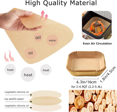 Palksky Air Fryer Paper Liners Disposable - 100Pcs Parchment Paper Square, Water-proof, Oil-proof, Non-stick, Free of Bleach for Microwave, Airfry...