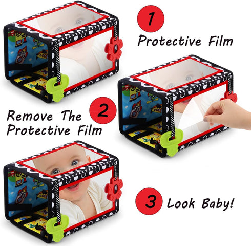 Tummy Time Floor Mirror with Teethers, Double-Sided Baby Mirror Black and White High Contrast Baby Toys for Babies, Baby Montessori Toys Crawling ...
