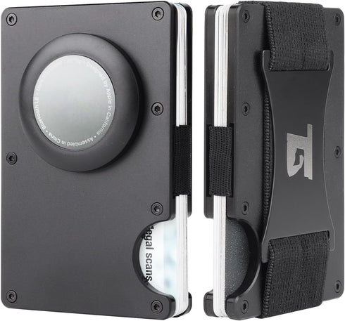 Mens metal wallet wallet with Airtag holder RFID Blocking Minimalist wallet (Black W/Strap)...