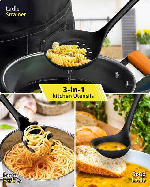 3 Pcs Silicone Kitchen Utensils Set, Soup Ladle-Pasta Fork-Slottede Spoon, Nonstick BPA Free High Heat Resistant Cooking Utensils for Mixing, Serv...