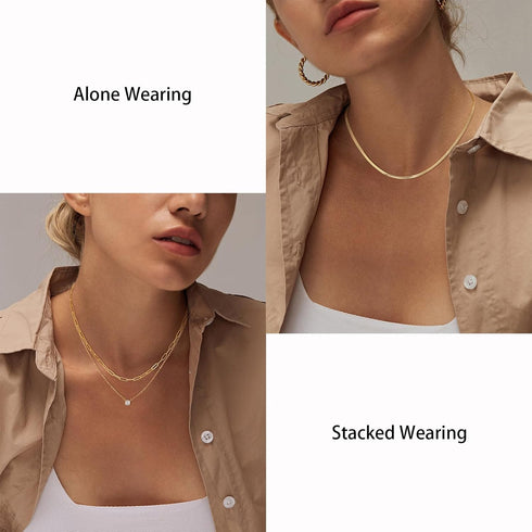 MBW Gold Layered Set Necklaces for Women, Dainty 14K Gold Plated Layered CZ Pendant Necklaces Simple Gold Herringbone Snake Choker Cuban Link Pape...