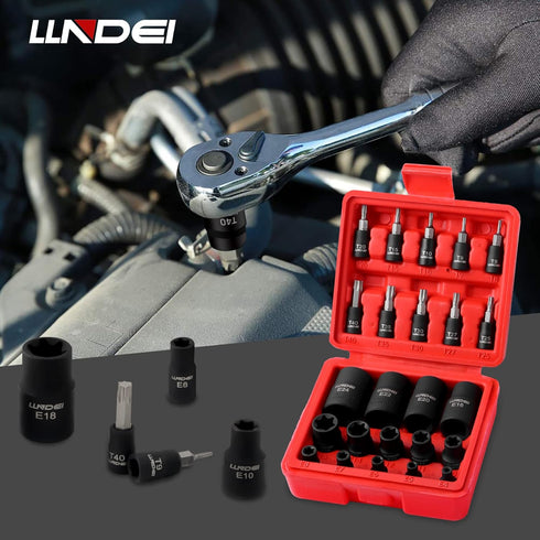 Torx Bit Socket and Female External Socket Set 24PCS, LLNDEI 10 Star Socket Bits (T8-T40)& 14 Female E-Torx Sockets (E4-E24) 1/4" 3/8" 1/2", CR-V,...