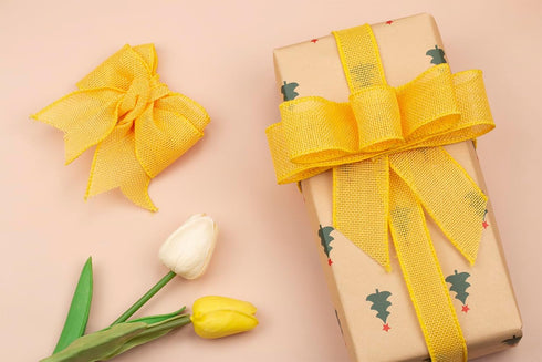 Yellow Burlap Wired Ribbon, 4 inch x 20 Yards, Wired Edge Burlap Ribbon for Gift Wrapping, Big Bow, Wreath, and Christmas Tree Decoration...