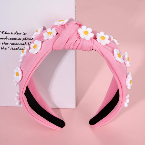 NVENF Flower Headbands for Women Spring Summer Floral Knotted Headbands Crystal Rhinestone White Pink Wide Top Knot Headband Beach Summer Hair Acc...