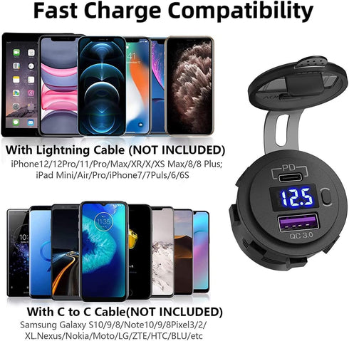 USB C Car Charger Socket, Dual Ports 12V/24V Outlet PD3.0 & QC3.0 Fast Charge Car Charger Adapter with ON/Off Switch and LED Voltmeter for Car, Bo...