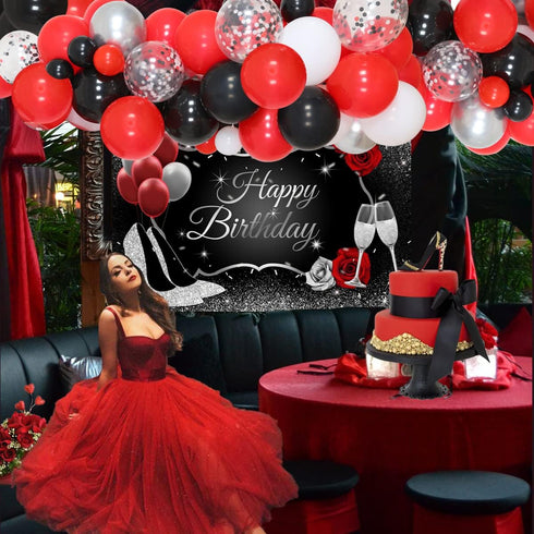 JOYMEMO Red Black and Silver Party Decorations for Women's Birthday Party Supplies - Red Black Silver Balloon Garland Happy Birthday Backdrop High...