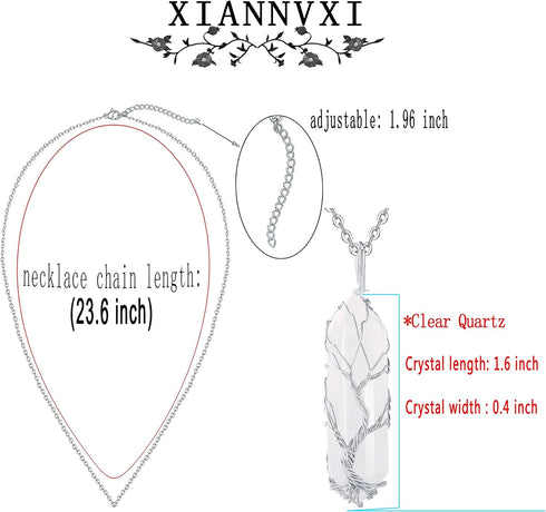 XIANNVXI Tree of Life Wire Wrapped Crystal Point Pendant Necklace Reiki Healing Crystal Stone Clear Quartz Necklaces Natural Hexagonal Gemstone Je...