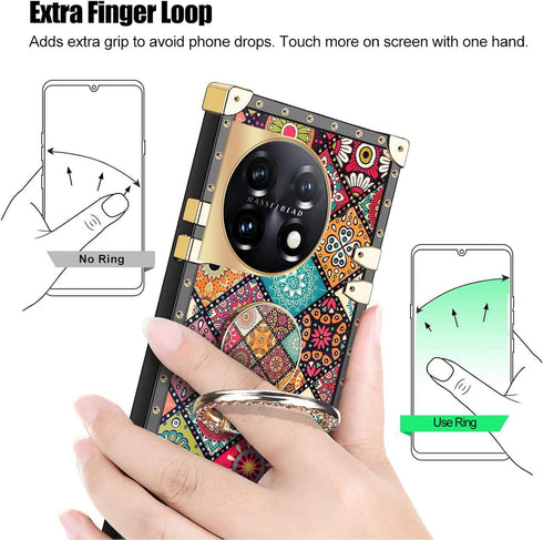 nancheng for Oneplus 11 Square Case (6.7-inch) with Ring Stand Cute Girls Women Retro Mandala Flower Pattern Metal Reinforced Corners Shockproof P...