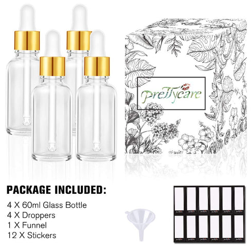 PrettyCare Eye Dropper Bottles 2 oz 4 Pack (Glass Bottles 60ml with Golden Caps, 12 Labels, Funnel & Measured Pipettes) Empty Tincture Bottles for...