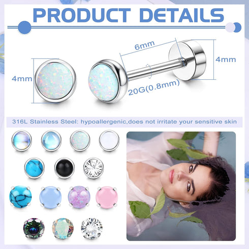 YADOCA 14Pairs Hypoallergenic Flat Back Stud Earrings for Women Men Surgical Steel Screw Back Tiny CZ Opal Moonstone Turquoise Screwback Earrings ...