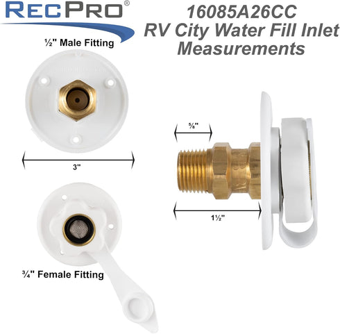 RecPro RV White City Water Fill Inlet Flange Brass with Check Valve | Made in America (No Hose Elbow)...